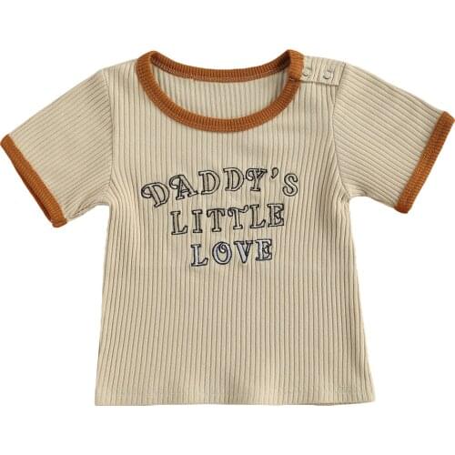 OPPERIAYA Summer lovely Children Letters Embroidery Pattern T-shirts pullover Unisex Khaki Round Collar Short Sleeve Tops