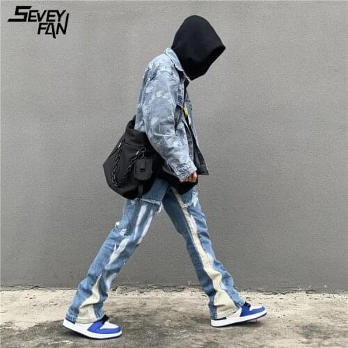 Men Vintage Blue Flared Jeans Color Block Patchwork Hi Street Caro Jean Pants Hip Hop Streetwear Oversize Baggy Denim Trousers