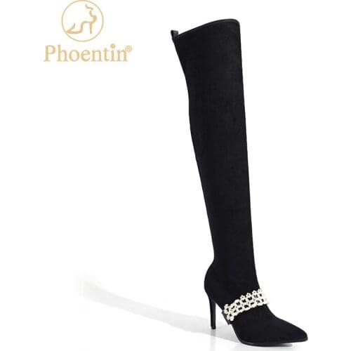 Phoentin pearl womens tall boots over knee leather stretchable stiletto female boots crystal three wear styles shoes FT1166