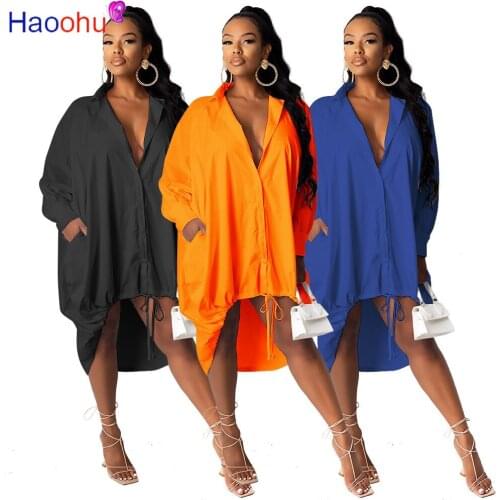 HAOOHU Sexy Loose Shirts Dress Women Fashion Clothing with Pocket Button Long Sleeves Fall Streetwear Lace Up Club Midi Dresses