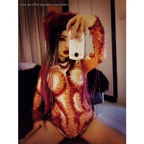 Full Diamond Sexy High Fork Bodysuit Red Sparkly Crystals Pole Dancing Competition Bar Female DJ Singer DS Costumes Party Stage