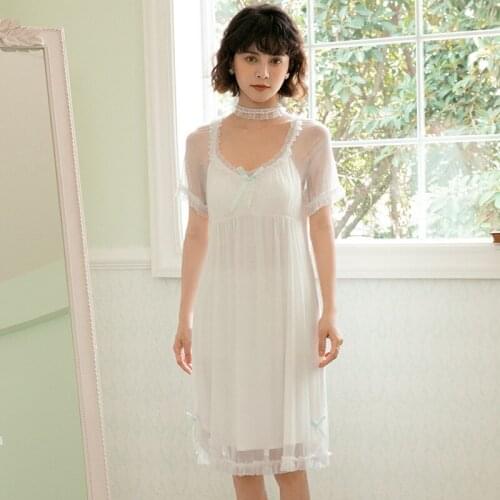 Sexy Mesh Short Night Dress Women Nighty Summer Sweet Lace Sleepwear Vintage Nightgowns Fairy Padded Nightwear Girl Lounge Wear