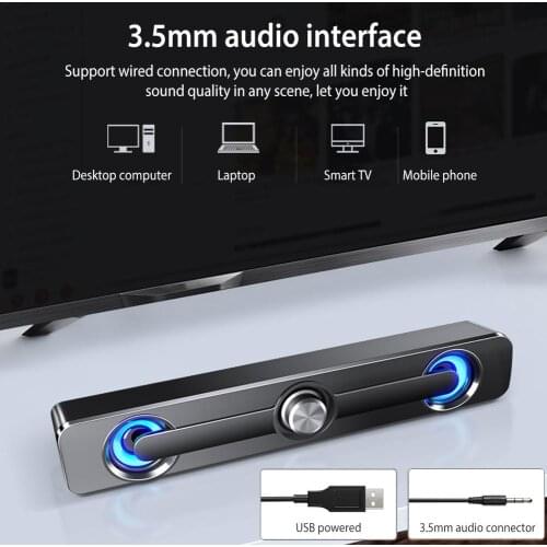 9D Stereo Surround Soundbar Speaker Wired Computer Desktop Speakers Stereo Subwoofer Sound Bar For Laptop Theater TV Aux 3.5mm
