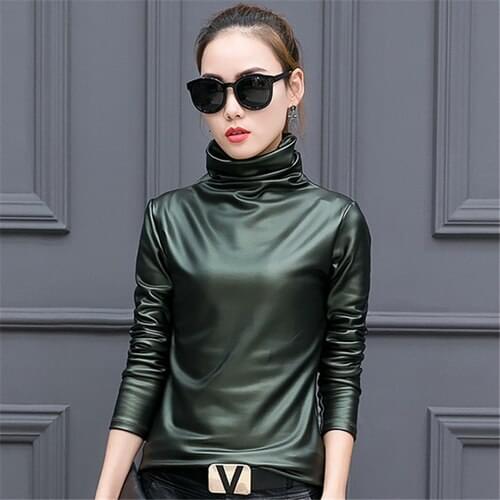 Women 2019 Autumn Basic Tees Tutrleneck Long Sleeve Thicken Warm T-shirt Ladies PU Leather Plus Size Winter Tops S-4XL