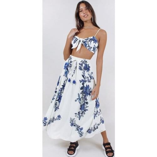 2021 New Style Women Two-piece Set Floral Printed Sleeveless Crop Tops and Long Skirt Summe Boho Casual Loose Dress Sets