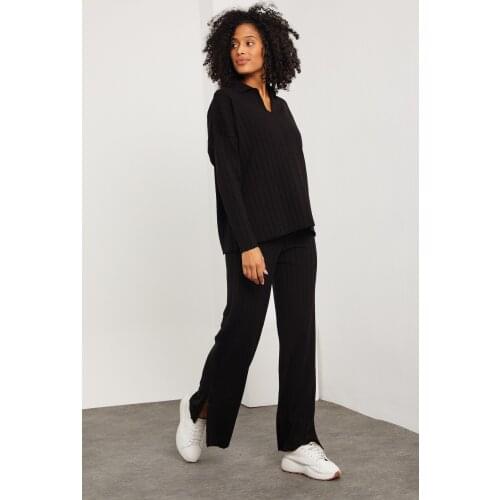 Womens Black Color Polo Neck Knitwear Suit Dress Casual Vintage Top Bottom