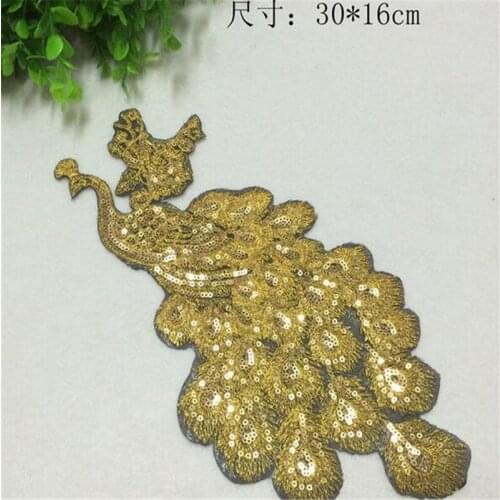1pc Gold Sequin Peacock Embroidery Fabric Large Applique Patch sewing Craft BJ0169