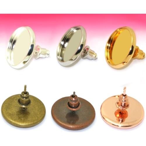 20sets bullet Ear Nut+Stud Earring Blank Inner 14mm Bezel Setting Tray Antique Bronze,Silver,Gold for Glass Cabochons