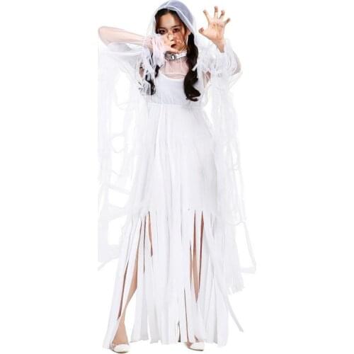 Zombie White Ghost Bride Dresses Mummy White Impermanence Cos Long Tassels Dresses Yarn Hat 3Pcs Set Halloween Cosplay Costumes