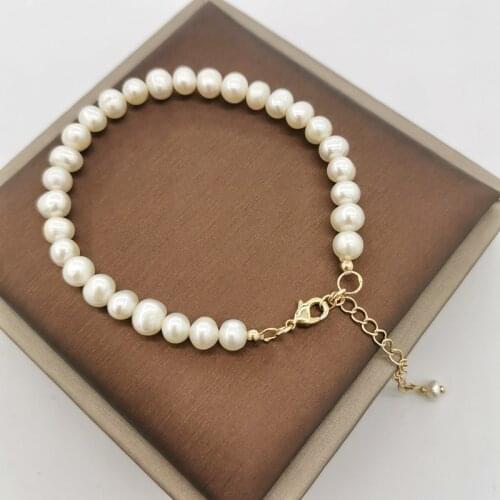 6mm Round Natural Freshwater Pearls Bracelet Beaded 14K Gold Filled Adjustable Chain White Pearl Delicate Boho Pulsera Mujer