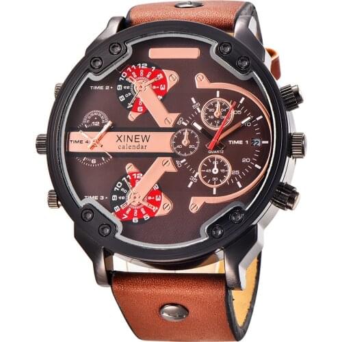 OMYFUN Watches for Men Fashion Oversized Dial Date Japan Quartz Movement Leather Strap Casual Watch Dual Time Montre Homme