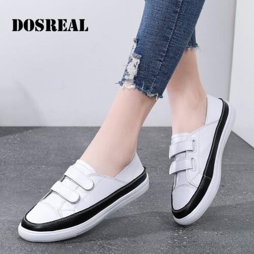 DOSREAL Genuine Leather Women White Shoes Fashion Velcro Ladies Flats Loafers Soft Shallow Half Shoes Woman Casual Sneakers