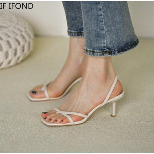 IF IFOND Summer Flip Flops High Heel Sandals Shoes For Women Vintage Square Toe Back Strap Shoes Female Slides Party Shoes New