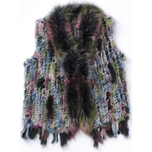 Furarity Ladies Knitted Fur Vest Raccoon Fur Trimming Tassels Women Natural Waistcoat Lady Gilet multi colors Rabbit Fur SF0304