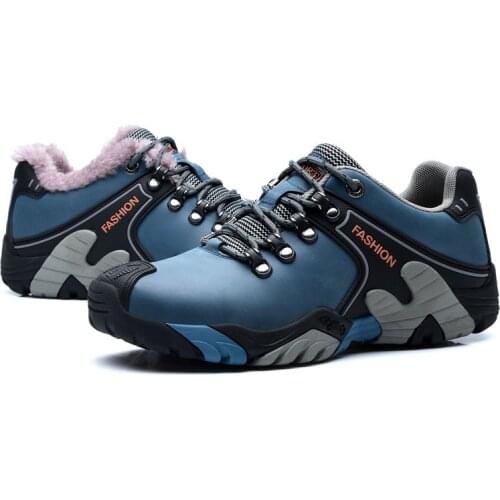 New Winter Sport Red Mens Outdoor Sneakers With Fur Genuine Leather Trekking Shoes Men Non Slip Hiking Shoes Men chaussure homme