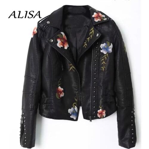 Vintage Women Floral Embroidery Leather Jacket Spring Autumn Zipper Rivet Biker Short Coat Ladies Black Motorcycle Pu Outwear