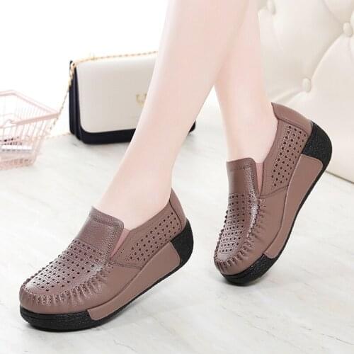 Womans Casual Shoes Genuine Leather Slip-on Ladies Moccasins Breathable Female Platform Sneakers Hollow Lofers Zapatillas Mujer