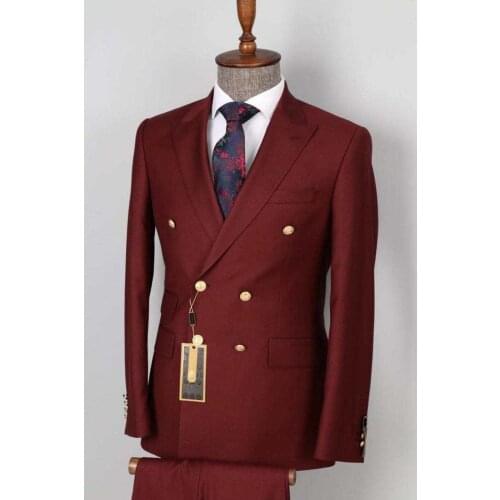 Real Costume Homme Dark Red Peak Lapel Men Suits Prom Slim Fit Tuxedo Wedding Groom Terno Masculino Blazer 2 Pcs Jacket+Pant