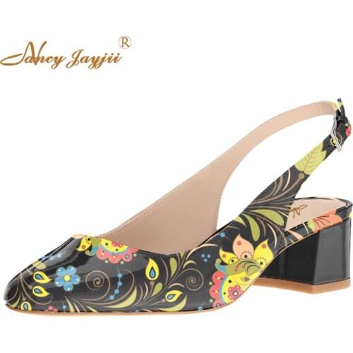 Korean Flower Print Shoes Fashion Genuine Leather Womens Slingbacks Pumps Pointed Toe Thick Heels Wedding Shoes Woman Plus Size