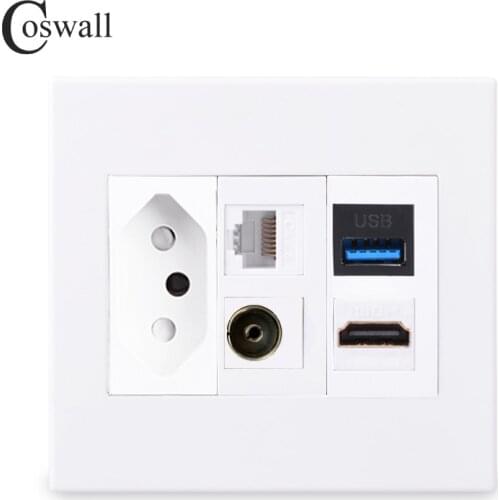 Coswall Brasil Wall Power Socket + TV & CAT6 RJ45 Internet Jack + Female to Female HDMI-compatible 2.0 & USB 3.0 Connector
