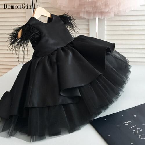 New Black Kids Summer Dresses For Birthday Party Feather Sleeves Ball Gown Clothes Photography Props 9M-12Y
