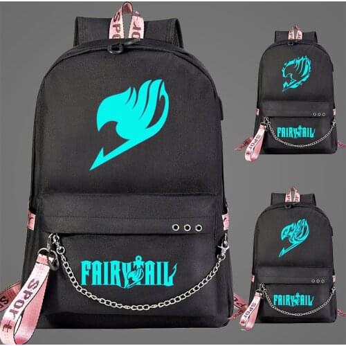 New Luminous Blue Light Fairy Tail Prints Boys Girls Kids School bag Women USB Chain Backpack Canvas Men Bagpack Bookbag