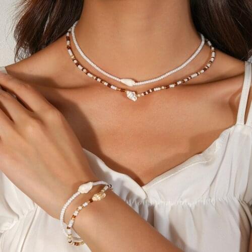 Natural Shell Conch Cowrie Short Choker Necklaces Collar Imitation Pearl Seed Beaded Chain Necklaces Bracelets Set Women Jewelry