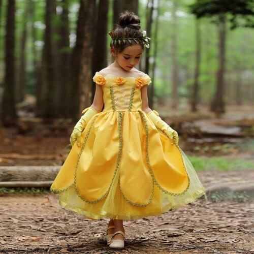 Belle Princess Dress Girl Cosplay Beauty and the Beast Costume Kids Floral Yellow Party Birthday Halloween Childrens Clothing