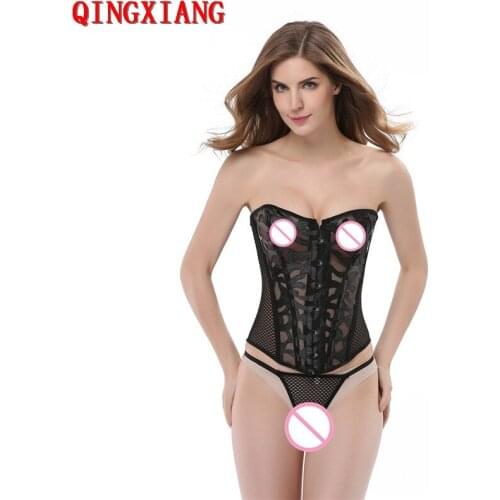 S-6XL 2021 Plus Size Women Tulle Net Print Shaper Underwear Hollow Out Lace Bustier Back Lacing Black Brown Corset Sexy Lingerie