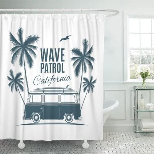 Bus Vintage Retro Surf Van Palms and Gull Graphic Shower Curtain Waterproof Polyester Fabric 60 x 72 Inches Set with Hooks