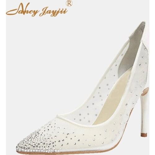 Crystal High Stilettos Pumps Woman Thin Heels For Ladies Wedding Shoes Soft Air Mesh Pointed Toe Large Size 12 13 Elegant Dress