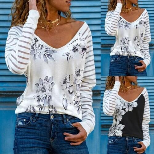 Womens Clothing Autumn Winter New Fashion T-shirt Women V-neck Flower Print Long-sleeved Casual Loose Striped T-shirt Plus Size