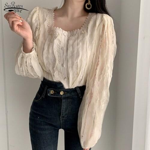 Spring New See Through Square Collar Womens Blouse Korean Retro Sweet Long Sleeve Lace Shirts Cotton Shirts with Buttons 13340