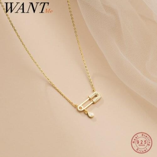 WANTME 925 Sterling Silver Pin Clavicle Pendant Necklace Women Charming Personality CZ Zircon Elegant Wedding Paper Clip Jewelry