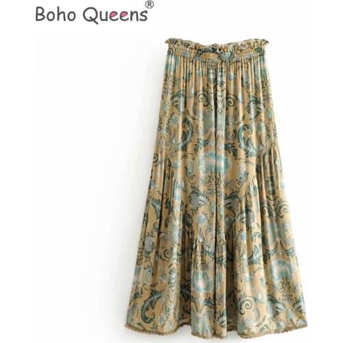 Boho Queens happie women green floral print wide leg Bohemian pants ladies loose ruffles sashes rayon Boho long pants