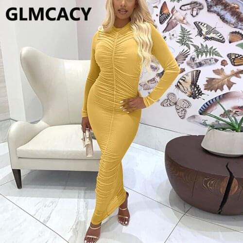 Women Long Sleeve Pleated Bodycon Maxi Dress Sexy Slim Slim Fit Dresses
