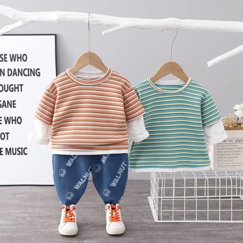 Autumn Children Clothes Baby Boys Cotton Strips T-shirt Pants Jeans 2Pcs/Sets Infant Out Kid Fashion Toddler Clothing Tracksuits
