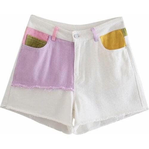 2021 summer new color matching casual high waist wide leg pants loose shorts ins trend patchwork jeans children DLZK269