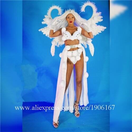 White Feather Bikini DS Ballroom Costume Party Dress TV Stage Show Catwalk Performance Clothes Party Evening Wings