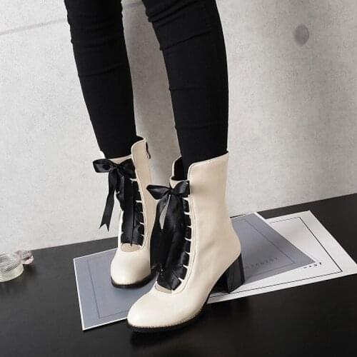 Big Size 11 12 13 14 15 Round-headed, thick-heeled, high-heeled side zipper, cross-strapped, short-barreled fashion boots