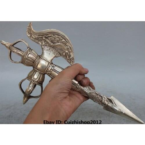 Decoration bronze factory outlets Tibet Silve 13" Tibet Silver Collect Buddhist Vajra Dragon Statue Talisman Phurba Dagger