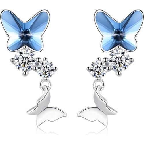Blue / Pink Crystal 925 Silver bling blue Butterfly Earrings for women korean fashion Trendy Animal elegant drop earrings 2020