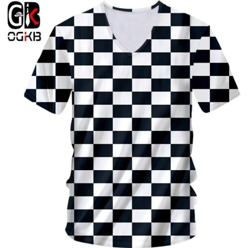 OGBK Mens V Neck Tshirts New Arrival Cool Print Black White Grid 3D Tshirt Casual T-shirts Man Fitness Workout Tee Shirts 7XL