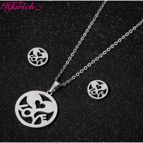 Hfarich Love Heart Jewelry Sets With Pendant Necklace Stainless Steel Stud Earring For Women Party Christma Gift Hollow Grometry
