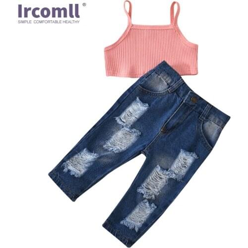 Ircomll 1-6Y 2pcs Girl clothes Sets Girls clothing Crop Top +Ripped Denim Pants Summer Suits For Girl Childrens Costume Girl Ou