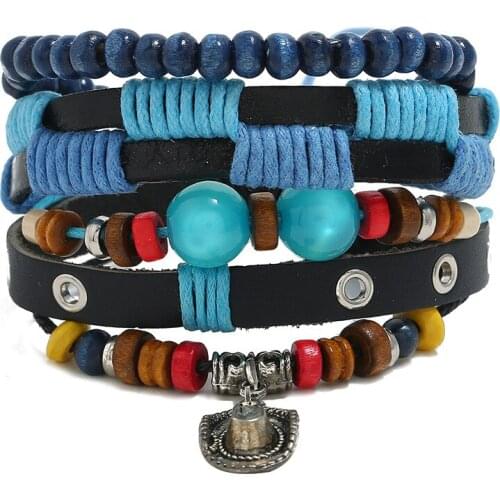 Jessingshow 3 Pcs/Set Fashion Mens Punk Leather Wrap Braided Wristband Cuff Bracelets Wood Beads Bangle Set Adjustable
