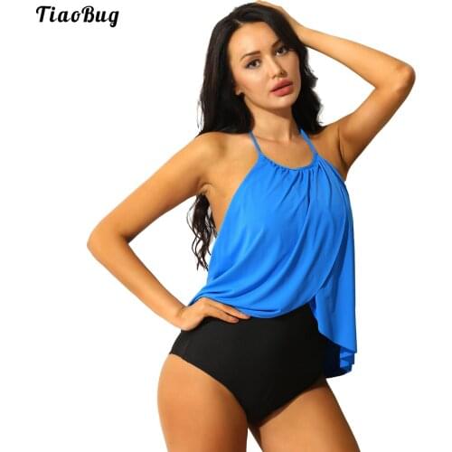 TiaoBug Summer Women High Neck Off Shoulder One Piece Swimsuits Halter Ruffles Backless Bathing Suits Swimwear