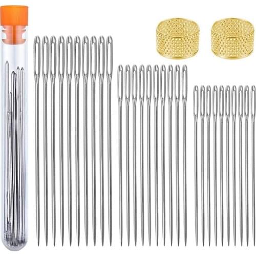 LMDZ 30PCS 3 Sizes Large Eye Stitching Needles Kit and 2PCS Thimble Big Eye Hand Sewing Needles with Storage Tube for Stitching