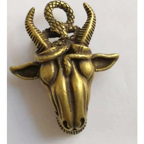 Mini ) Exquisite Interesting Collectible Decoration Old Brass Carved Sheep Head and Snake Statue Pendant