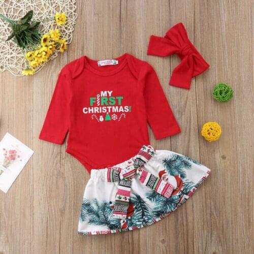 Fashion Cute Xmas Newborn Infant Baby Bodysuit Jumpsuit Little Christmas Print Red Skirt+Headband 3Pcs Outfits Set Toddler Girl